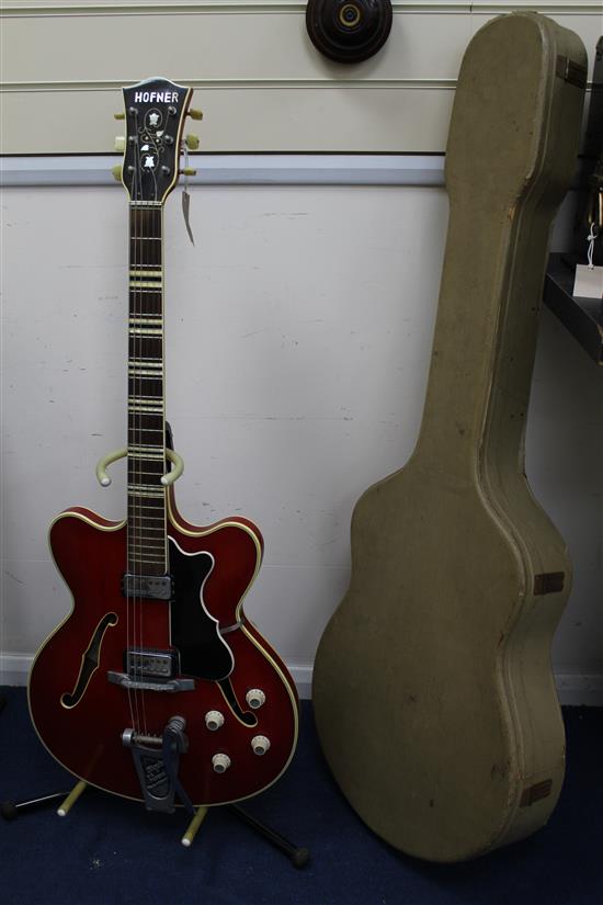 A cherry red Hofner Verithin semi-acoustic electric guitar, c.1964,
